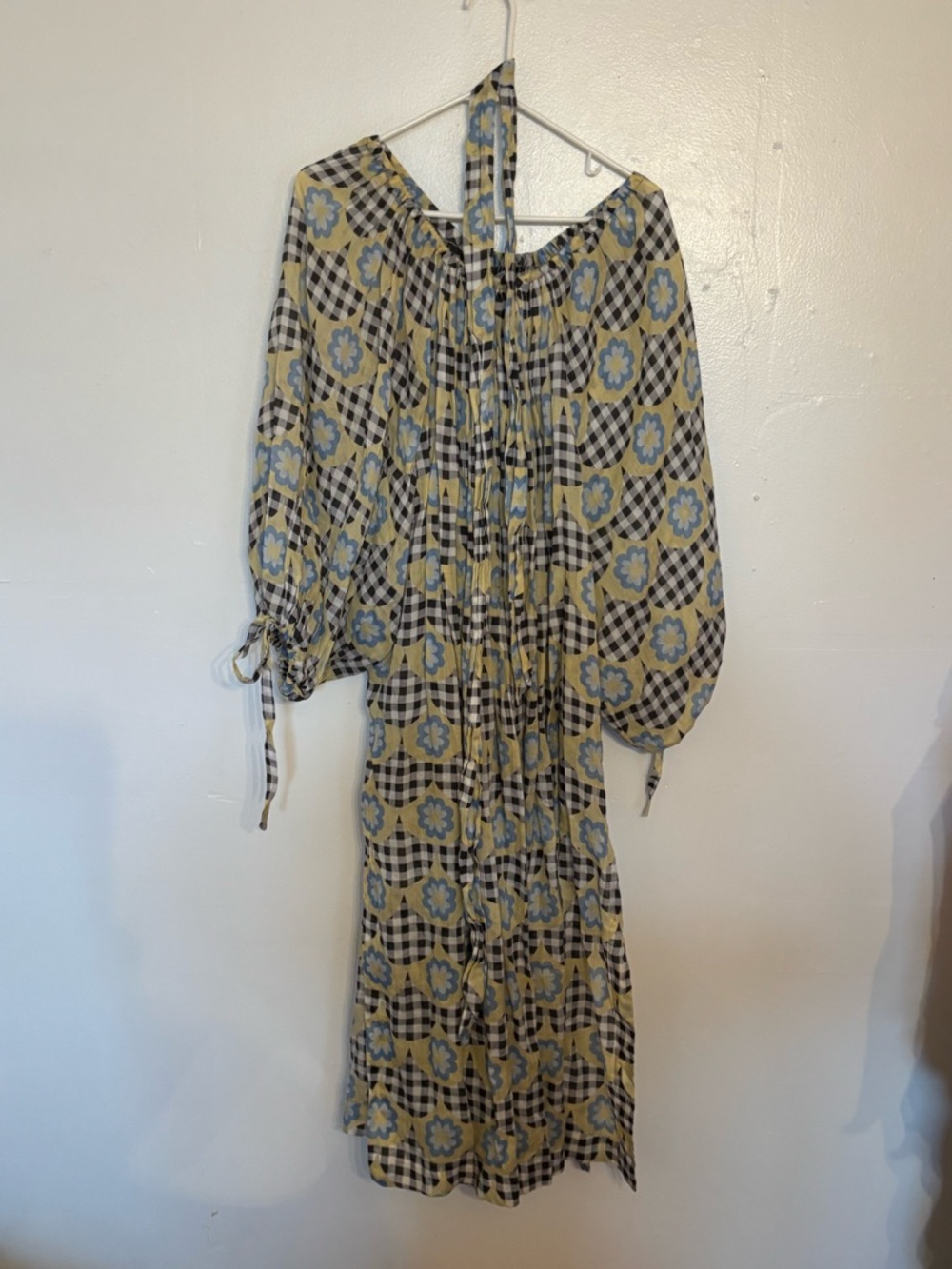 Gingham Floral Midi Dress in Yellow and Light Blue
